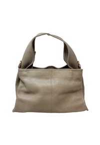 Borsa a mano in pelle taupe morbida con tracolla larga e dettaglio centrale cucito, esposta su sfondo bianco.