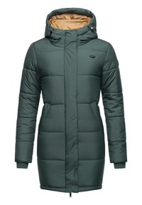 Green padded coat with a hood, featuring a light brown interior, front pockets, and a zipper closure. Textured fabric with a quilted pattern.