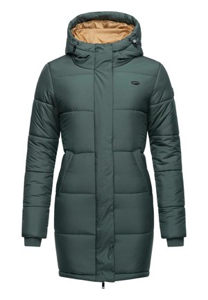 Green padded coat with a hood, featuring a light brown interior, front pockets, and a zipper closure. Textured fabric with a quilted pattern.