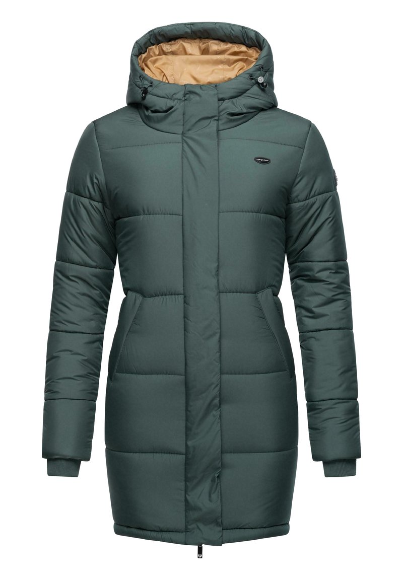 Green padded coat with a hood, featuring a light brown interior, front pockets, and a zipper closure. Textured fabric with a quilted pattern.