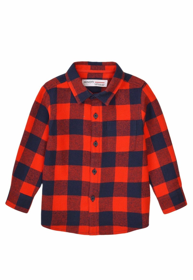 Chemise à manches longues à carreaux rouges et noirs avec col, boutons devant et poche poitrine, conçue pour les enfants.