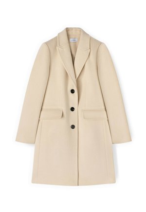 Abrigo largo de mezcla de lana beige con solapas de muesca, tres botones negros, bolsillos con solapa y un ajuste entallado.