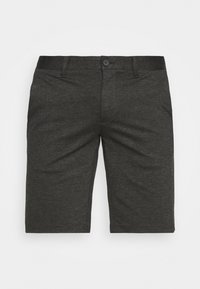 Pantaloni corti grigio scuro con taglio dritto, realizzati in un tessuto liscio e strutturato. Chiusura frontale con bottone, due tasche laterali e nessun motivo visibile.