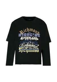 T-shirt nero a maniche lunghe con grafiche testuali a strati in oro, blu, bianco e giallo, dal taglio rilassato e collo rotondo.