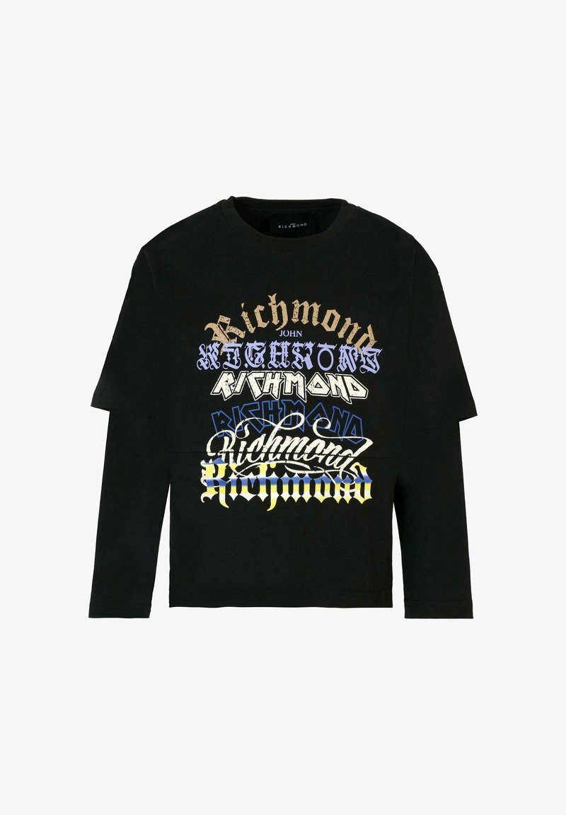 Czarna, długosleeve koszulka z grafiką tekstową w odcieniach złota, niebieskiego, białego i żółtego, w luźnym kroju i okrągłym dekolcie.