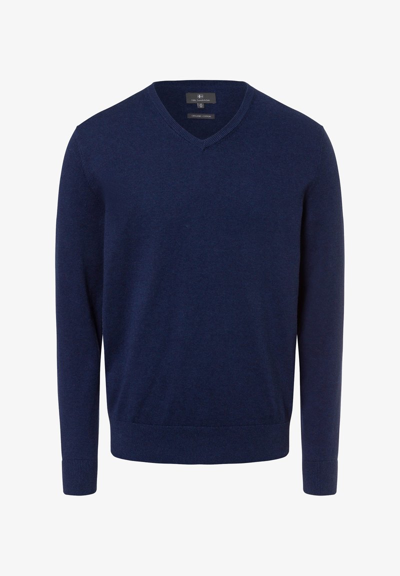 Navyblauer V-Ausschnitt-Pullover aus weicher, biologischer Baumwolle. Mit langen Ärmeln und gerippten Bündchen und Saum, der durchgehend eine glatte Textur aufweist.