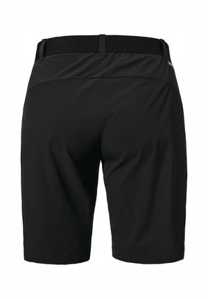 Black shorts made of synthetic material, featuring a flat waistband, rear pockets, and a smooth texture with no visible patterns or accents.