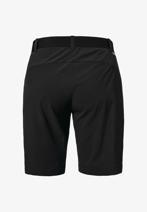 Black shorts made of synthetic material, featuring a flat waistband, rear pockets, and a smooth texture with no visible patterns or accents.