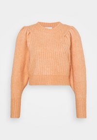 Mjuk, kortärmad tröja med puffärmar i ljus persikofärgad stickning. Den har ribbad halsringning och nederkant, texturerad design och en lös passform.