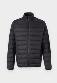 Black padded jacket with a high collar, featuring horizontal stitching, a front zipper, and elastic cuffs for a snug fit.