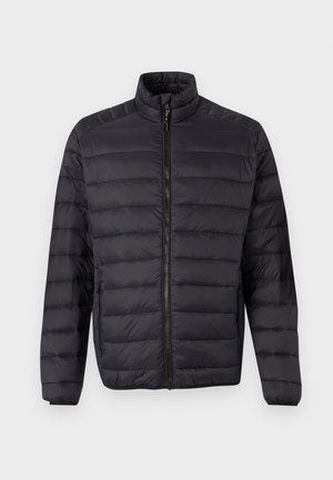 Black padded jacket with a high collar, featuring horizontal stitching, a front zipper, and elastic cuffs for a snug fit.