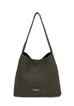 Borsa a tracolla in pelle intrecciata verde scuro con tracolla lunga e piccolo logo rettangolare Diana & Co Firenze sul davanti.