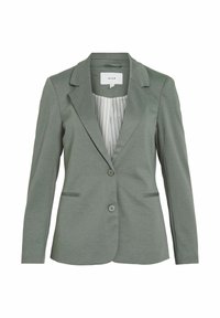 Olivově zelený tailored blejzr se dvěma knoflíky, klopovým límcem a bílou podšívkou s vertikálními pruhy.