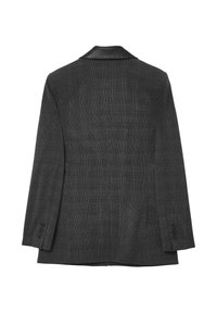 Blazer a righe nere con un design elegante, caratterizzato da un colletto in pelle, maniche lunghe e polsini con bottoni. Tessuto strutturato con motivo a quadri.