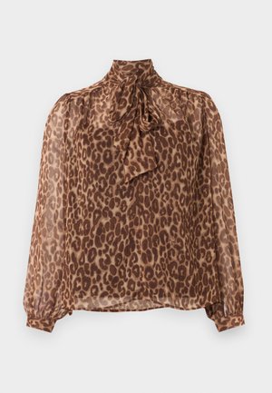 Braune, durchsichtige Bluse mit Leopardenmuster, langen Ärmeln, hohem Hals und Schleifendetail am Kragen.