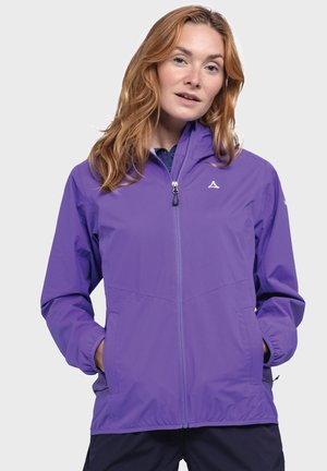 Purple lightweight jacket with a zip closure, side pockets, and elastic cuffs. Made from synthetic material with a smooth texture.