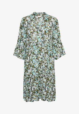 Robe fleurie avec un motif vert, bleu et blanc, décolleté en V et manches évasées. Fabriquée en tissu léger avec une coupe ample.