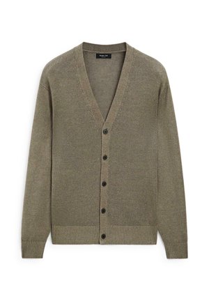Olivgrüner Cardigan aus strukturiertem Strickstoff, mit V-Ausschnitt, langen Ärmeln und sechs schwarzen Knöpfen auf der Vorderseite.