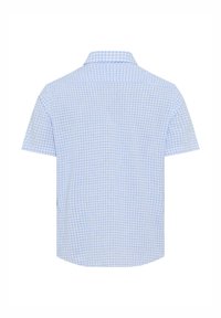 Camisetta a maniche corte in blu chiaro e bianco a quadretti, con colletto classico e orlo curvo. Realizzata in tessuto leggero.