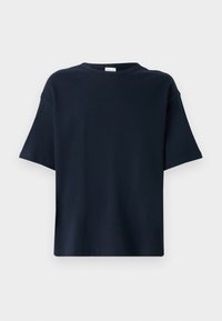 Námořnická modrá oversized tričko, krátké rukávy, kulatý výstřih, vyrobeno z hladké bavlněné tkaniny, bez viditelných vzorů nebo akcentů.
