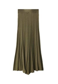 Falda maxi de color verde oliva con cintura elástica. Fabricada en un tejido ligero, presenta pliegues verticales a lo largo de su longitud.