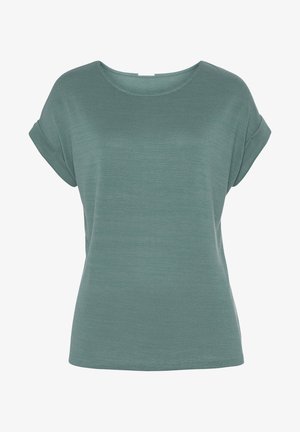 Grünes Kurzarmoberteil mit Rundhalsausschnitt, weich im Griff und lässiger Passform. Der Stoff hat ein dezentes Rippmuster.