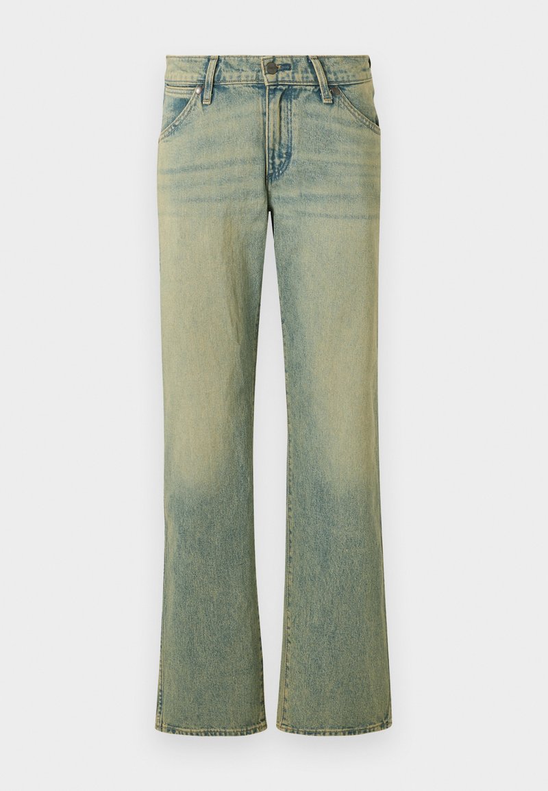 Jeans in denim azzurro chiaro con design a gamba svasata, caratterizzati da cinque tasche e una leggera scoloritura. Il tessuto ha una texture liscia e una chiusura a bottone classica.