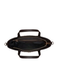 Borsa a mano in pelle marrone scuro con forma strutturata, dotata di un interno nero e zip dorate. Due manici superiori robusti per un facile trasporto.
