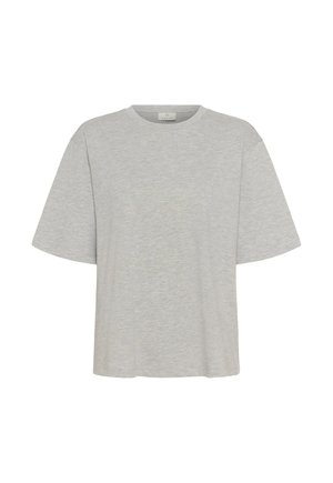 Light gray short-sleeve crew neck t-shirt with a loose fit, displayed against a white background.
