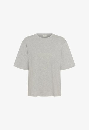 T-shirt grigio chiaro a maniche corte con scollo a girocollo e vestibilità ampia, mostrata su sfondo bianco.