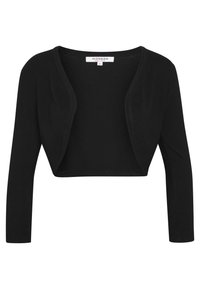 Musta lyhyt neuletakki pehmeästä kankaasta. Siinä on pitkät hihat, avoin etuosan muotoilu ja pyöreä kaula-aukko. Merkki sisäkauluksella.