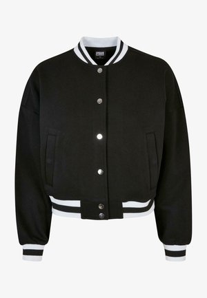 Jachetă varsity neagră dintr-un amestec de bumbac, cu guler și mansete ribbate în dungi albe, cu nasturi tip snap și buzunare laterale.