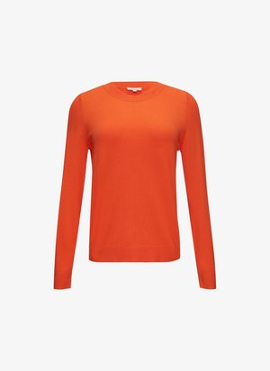 Pull en orange à manches longues avec un col rond, fabriqué à partir d'un tissu tricoté lisse, présentant des détails de couture minimaux le long des coutures.