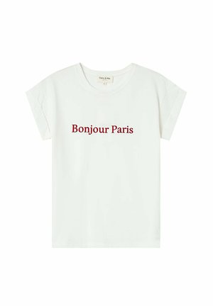 T-shirt bianco in cotone con maniche corte arrotolate, con la scritta "Bonjour Paris" in bordeaux. Design semplice e dal taglio rilassato.