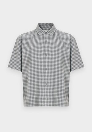 Košeľa s krátkym rukávom v sivobielom károvanom vzore; má zapínanie na gombíky a klasický golier; ľahká tkanina s hladkou textúrou.