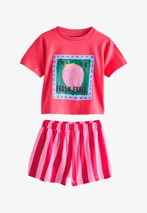 Children's two-piece outfit with bright pink short-sleeve top featuring a strawberry graphic and the words "Fresh Fruit," paired with pink and red striped shorts.