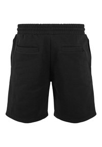 Black cotton shorts with a drawstring waistband, featuring two side pockets and a smooth texture. Mid-thigh length.