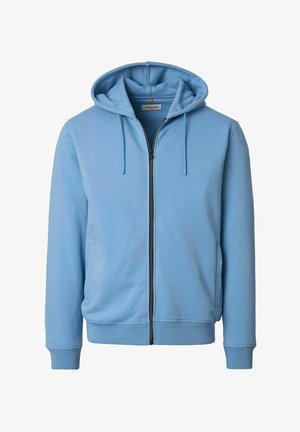 Hellblauer Kapuzenpullover mit Reißverschluss, Fronttaschen, Kordelzugkapuze, gerippten Bündchen und Taillenbund, vor weißem Hintergrund dargestellt.