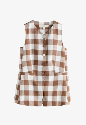 Varrukateta pruun-valge ruuduline linane vest ümmarguse kaelusega, ees nupud ja kaks eesmist taskut.