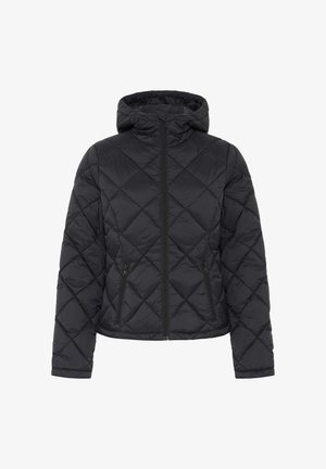 Doudoune noire à capuche avec motif en losanges, fermeture éclair à l'avant et deux poches latérales. Texture de tissu lisse et léger.