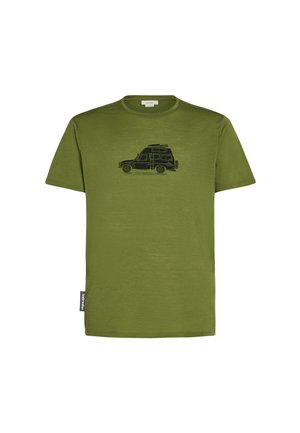 Olive green t-shirt made of soft fabric featuring a black outline illustration of a van. Short sleeves and a round neckline, with a label at the hem.