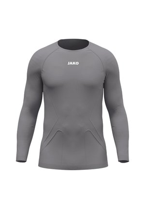 Graues langärmeliges Kompressionsshirt mit strukturierten Mustern und weißem JAKO-Logo auf der Brust.