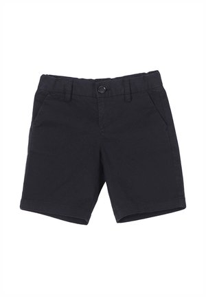 Pantaloni corti in cotone blu navy con fronte piatto, chiusura con gancetto e passanti per cintura. Presentano tasche laterali e una texture liscia.