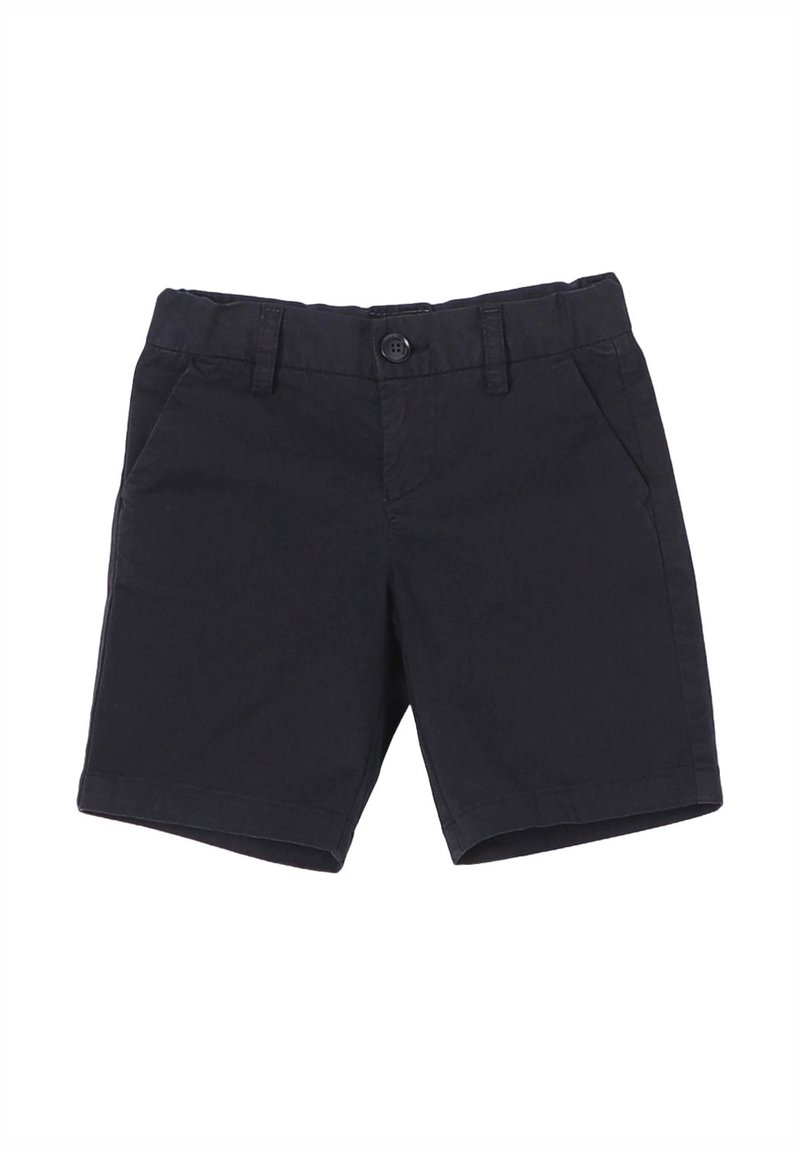 Pantaloni corti in cotone blu navy con fronte piatto, chiusura con gancetto e passanti per cintura. Presentano tasche laterali e una texture liscia.