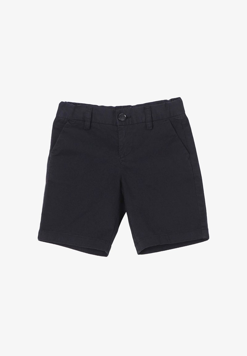 Pantaloni corti in cotone blu navy con fronte piatto, chiusura con gancetto e passanti per cintura. Presentano tasche laterali e una texture liscia.