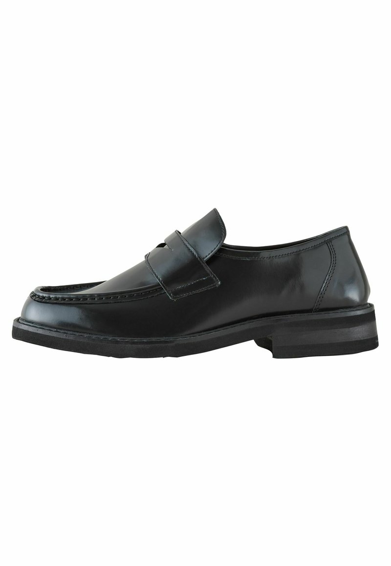 Schwarze Lederloafers mit glatter Oberfläche, runder Zehenform, doppeltem Riemen-Detail auf dem Blatt und niedrigem gestapeltem Absatz.