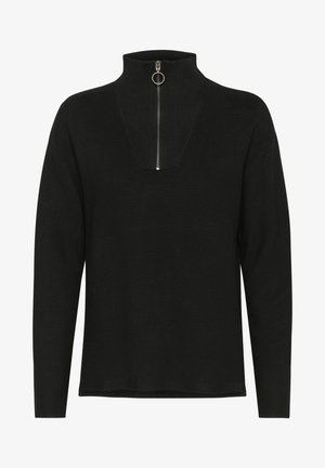 Čierny sveter s vysokým golierom, ktorý má štvrťový zips a okrúhly zips. Žebrovaná textúra pridáva vizuálny záujem a hĺbku.