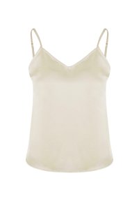 Light beige camisole top with thin straps, V-neckline, and smooth texture. Features a relaxed fit and no visible patterns or embellishments.