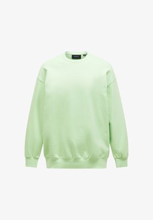 Hellgrüner Sweatshirt mit Rundhalsausschnitt, überschnittenen Schultern, gerippten Bündchen und Saum, mit einem kleinen Logo in der Mitte.