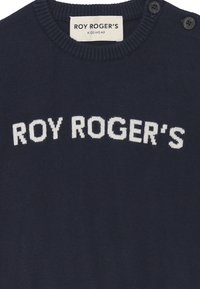 Maglione lavorato a maglia blu navy con il testo "ROY ROGER'S" in bianco, scollatura a girocollo a coste e dettagli con due bottoni sulla spalla.